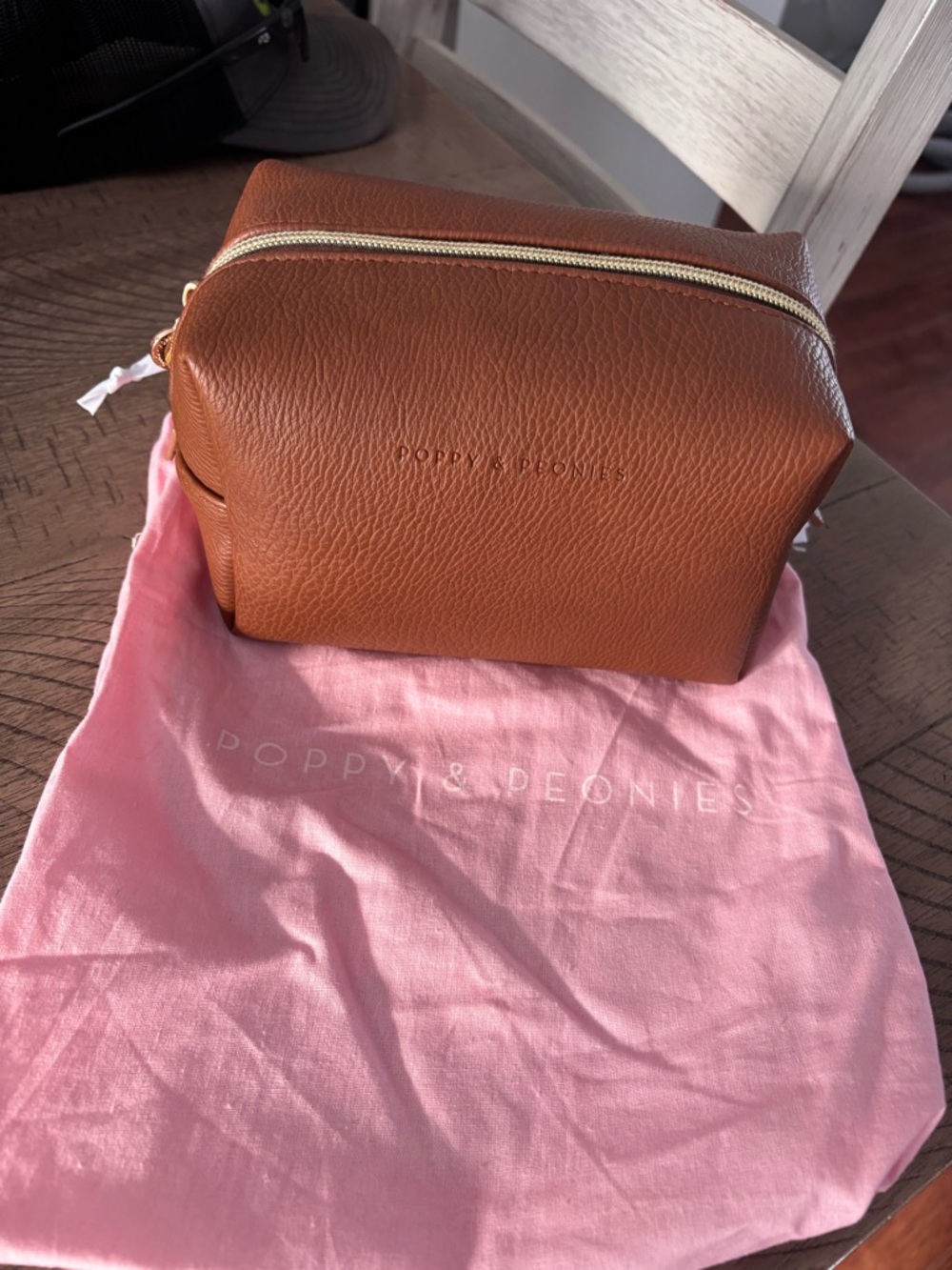 Poppy & Peonies Cognac Pebbled Leather Cosmetic Case with Gold Zipper